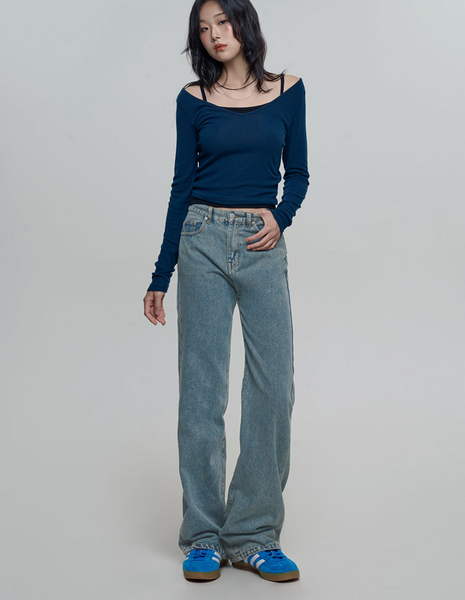 [CHICKS] NSP Day Long Straight Denim Pants Medium Blue