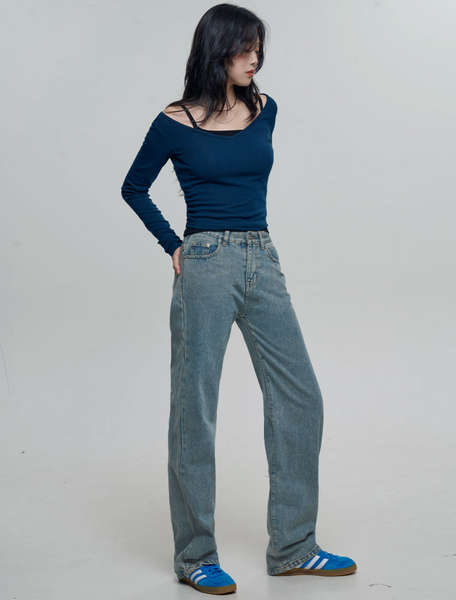 [CHICKS] NSP Day Long Straight Denim Pants Medium Blue