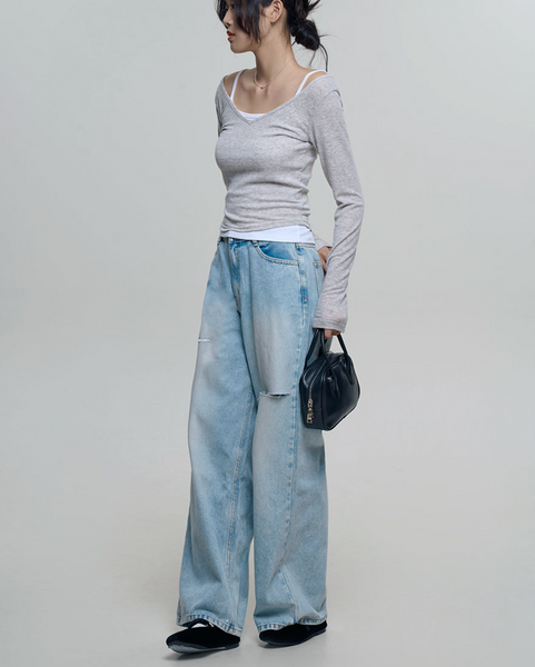 [CHICKS] Troy Damage Wide Denim Pants Light Denim