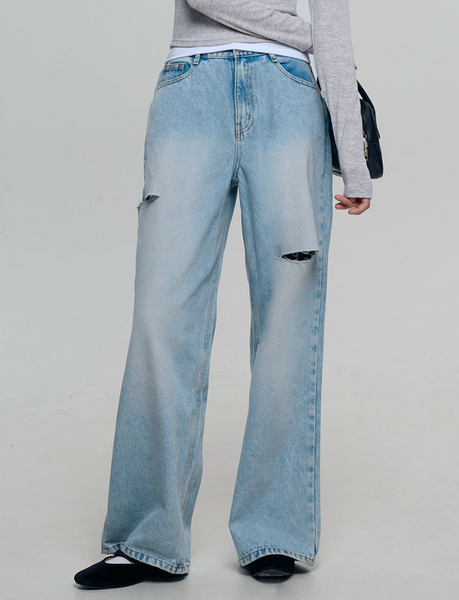 [CHICKS] Troy Damage Wide Denim Pants Light Denim