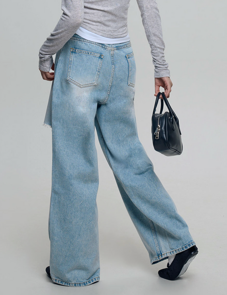 [CHICKS] Troy Damage Wide Denim Pants Light Denim