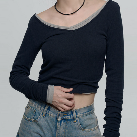 [CHICKS] Sandion V-neck Layered Long Sleeve T-shirt