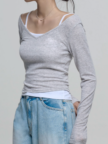 [CHICKS] Sandion V-neck Layered Long Sleeve T-shirt