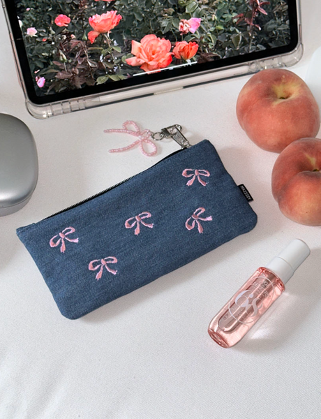 [MAZZZZY] Ribbon Pattern Denim Pencil Case