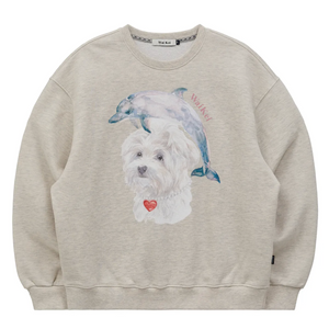 [Wai Kei] Water Color Puppy Dolphin Jumping Sweatshirt Oatmeal