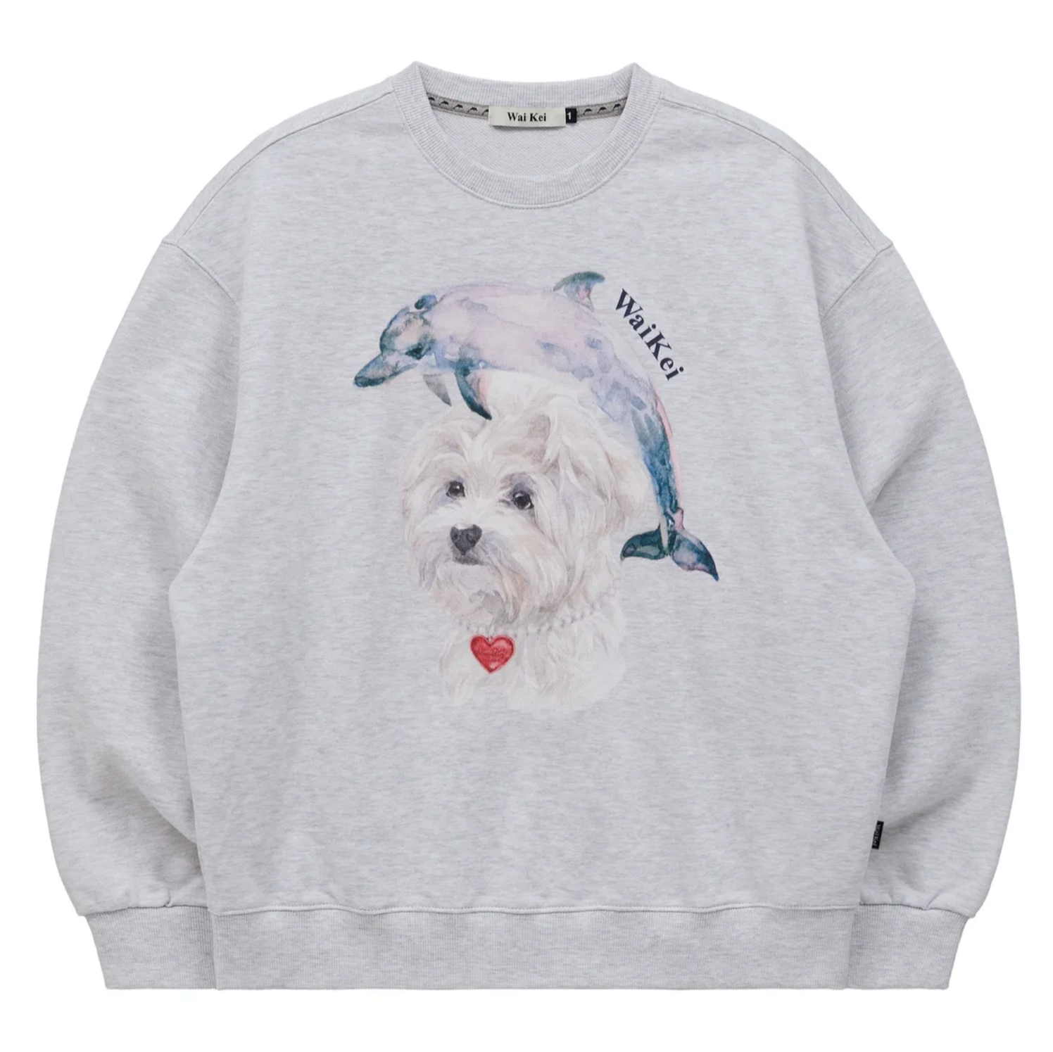 [Wai Kei] Water Color Puppy Dolphin Jumping Sweatshirt Melange White