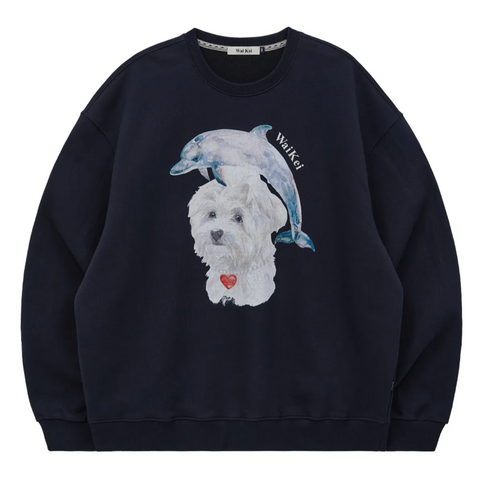 [Wai Kei] Water Color Puppy Dolphin Jumping Sweatshirt Navy