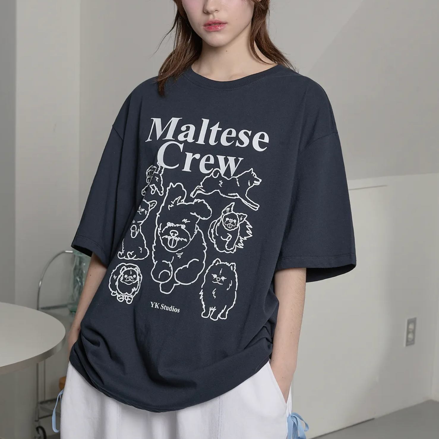 [Wai Kei] Maltese Crew Line Graphic Short Sleeve T-shirt Navy