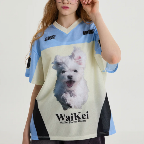 [Wai Kei] Maltese Cloud Mesh Jersey Short-Sleeved T-shirt Sky Blue