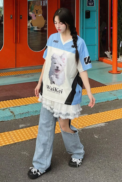 [Wai Kei] Maltese Cloud Mesh Jersey Short-Sleeved T-shirt Sky Blue