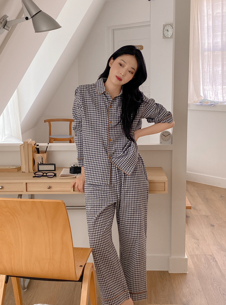 [Juuneedu] Jeu Simon Gingham Checkered Pajamas Set