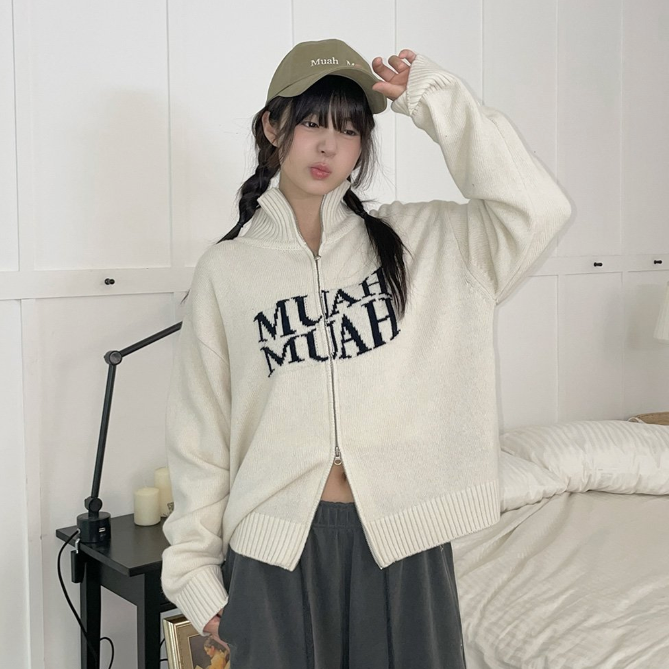 [muahmuah] Ramswool Jacquard Knitwear Zip-Up [Cream]