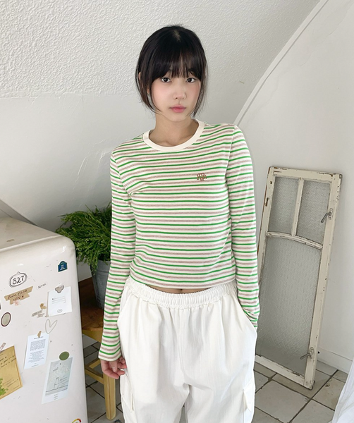 [muahmuah] Logo Stripe Crop Long Sleeve Tee [Lime]