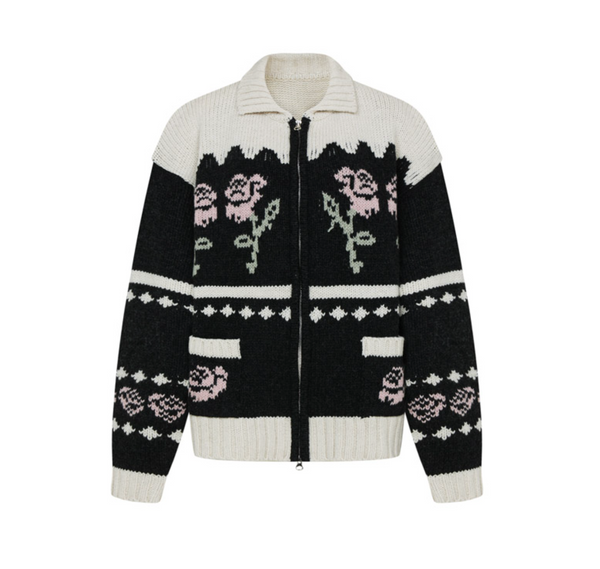 [Letter from Moon] Rose Flower Jacquard Knit Wool Zip-up (Charcoal)