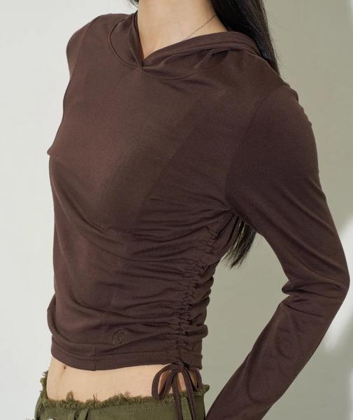 [ILLIGO] Shirring Slim Hoodie Deep Brown