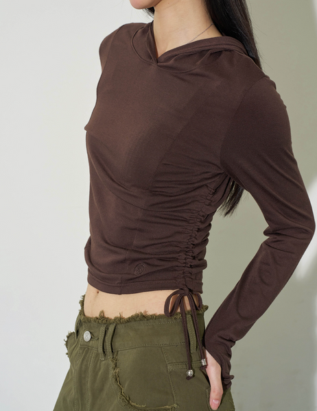 [ILLIGO] Shirring Slim Hoodie Deep Brown