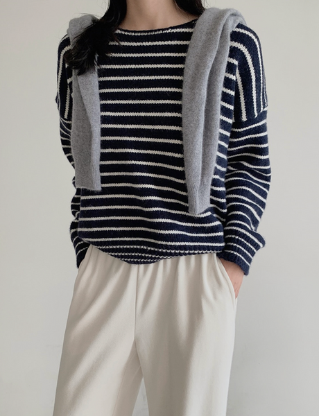 [SLOWAND] Round Neck Stripe Thick Knitwear