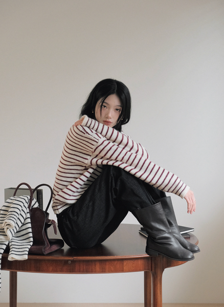 [SLOWAND] Round Neck Stripe Thick Knitwear