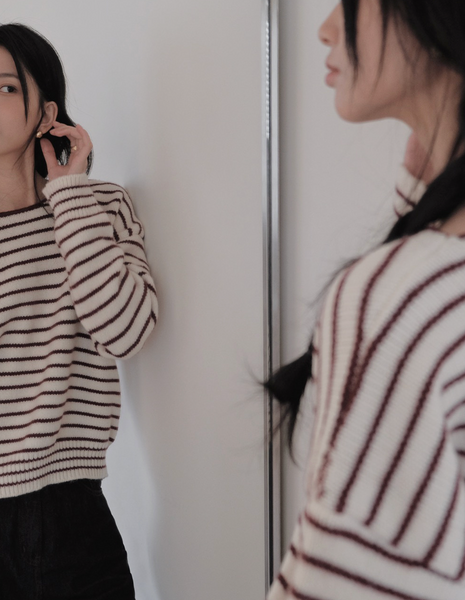 [SLOWAND] Round Neck Stripe Thick Knitwear