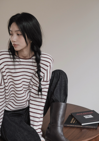 [SLOWAND] Round Neck Stripe Thick Knitwear