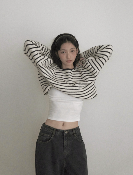 [SLOWAND] Round Neck Stripe Thick Knitwear