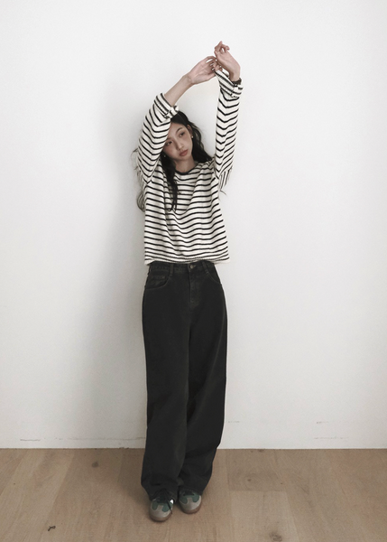 [SLOWAND] Round Neck Stripe Thick Knitwear