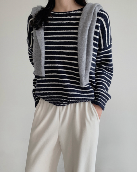 [SLOWAND] Round Neck Stripe Thick Knitwear