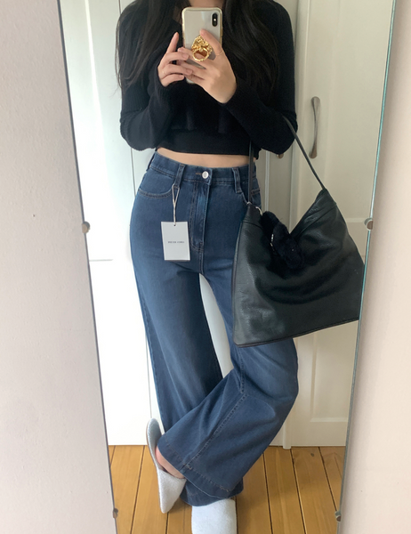 [GIRLS RECIPE] Magic Span Semi Wide Deep Denim Pants