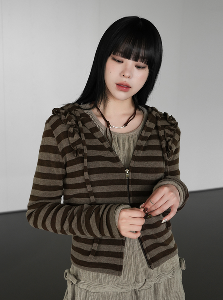 [BINARY01] Stripe Frill Hoodie Zip-Up