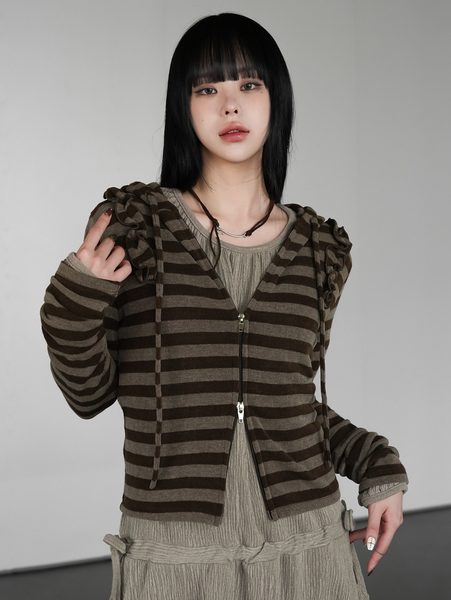 [BINARY01] Stripe Frill Hoodie Zip-Up