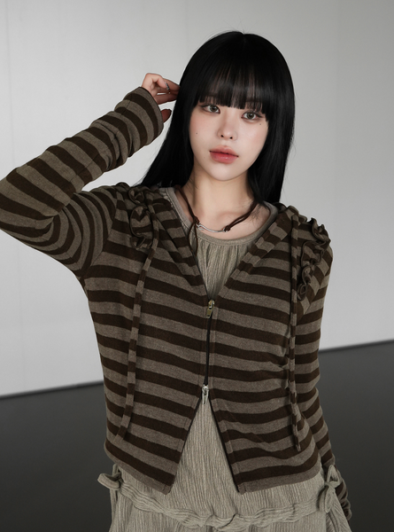 [BINARY01] Stripe Frill Hoodie Zip-Up