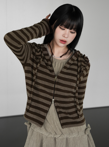 [BINARY01] Stripe Frill Hoodie Zip-Up