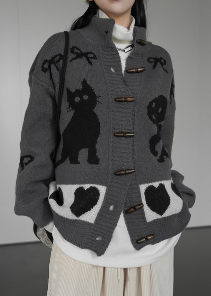 [BINARY01] Cat Dog Pattern Knit Cardigan