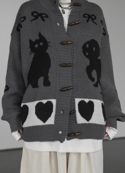 [BINARY01] Cat Dog Pattern Knit Cardigan