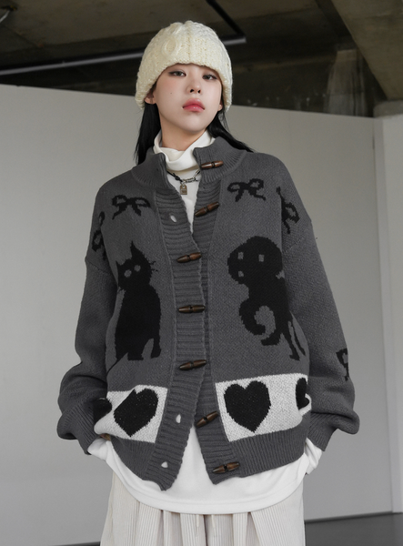 [BINARY01] Cat Dog Pattern Knit Cardigan