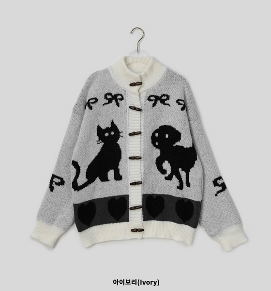 [BINARY01] Cat Dog Pattern Knit Cardigan