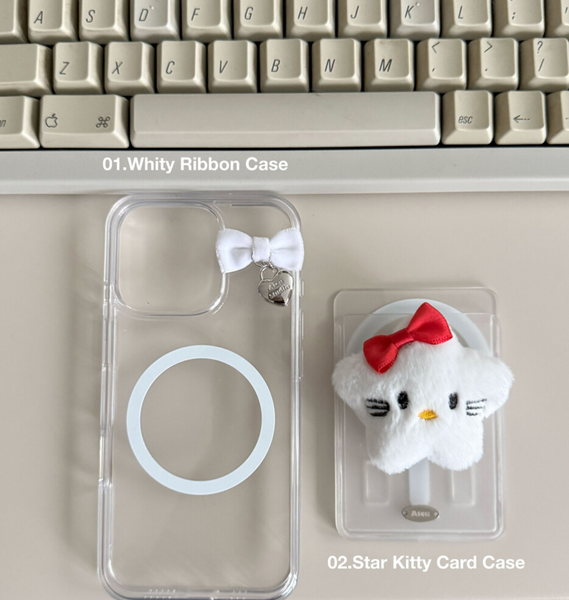 [Aicu Studio] Whity Ribbon Phone Case + Star Kitty Card Slot Set