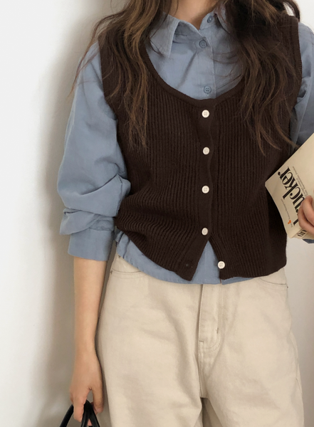 [98°C] Cotton Button Knit Vest