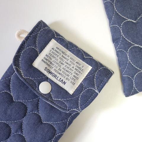 [SOWORLIAN] Quilted Heart Denim Pencil Case