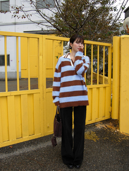 [FLILIY] DP. Fluffy Stripe Collar Knit