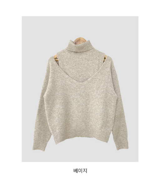 [VINVLE] Celino Off-Shoulder Knitwear + Turtleneck Knitwear SET