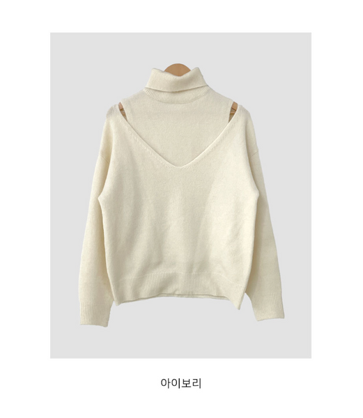 [VINVLE] Celino Off-Shoulder Knitwear + Turtleneck Knitwear SET