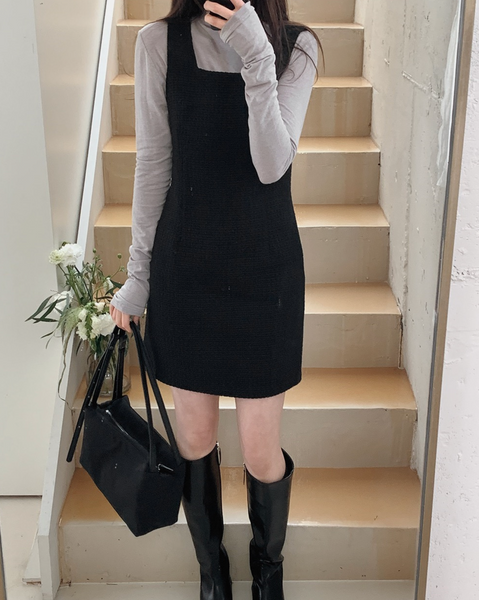 [SLOWAND] # SLOWMADE Black Tweed Square Solid Fit Dress