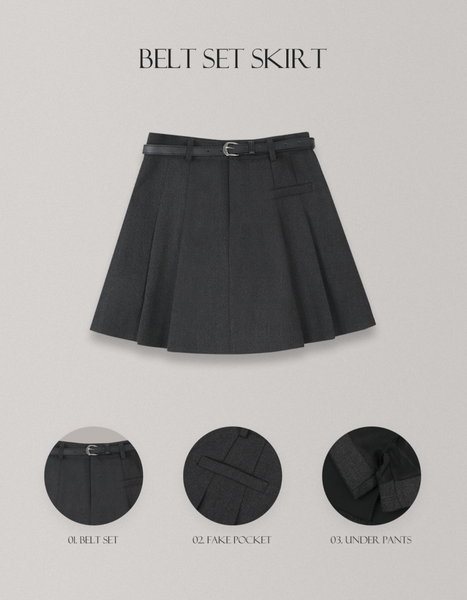 [SLOWAND] Pleated Belt Set Skirt