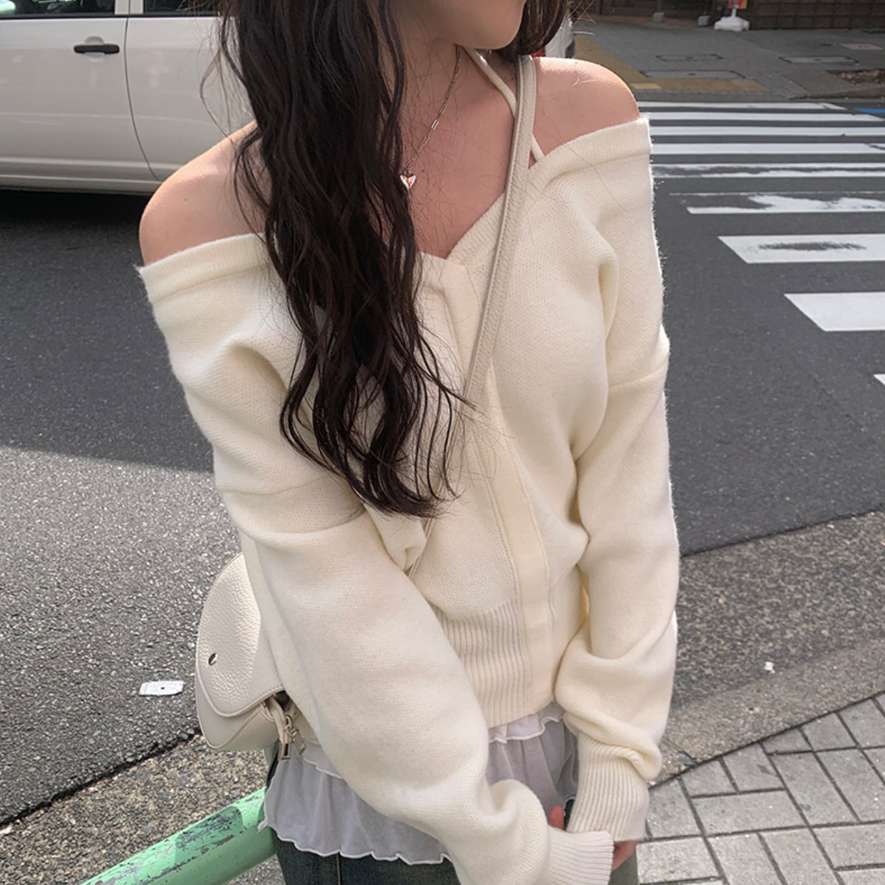 [anyonemore] Off-shoulder Loose Fit Knitwear