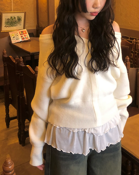 [anyonemore] Off-shoulder Loose Fit Knitwear