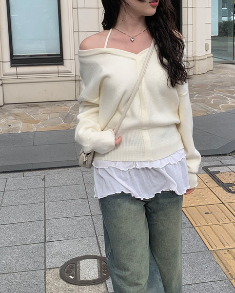 [anyonemore] Off-shoulder Loose Fit Knitwear