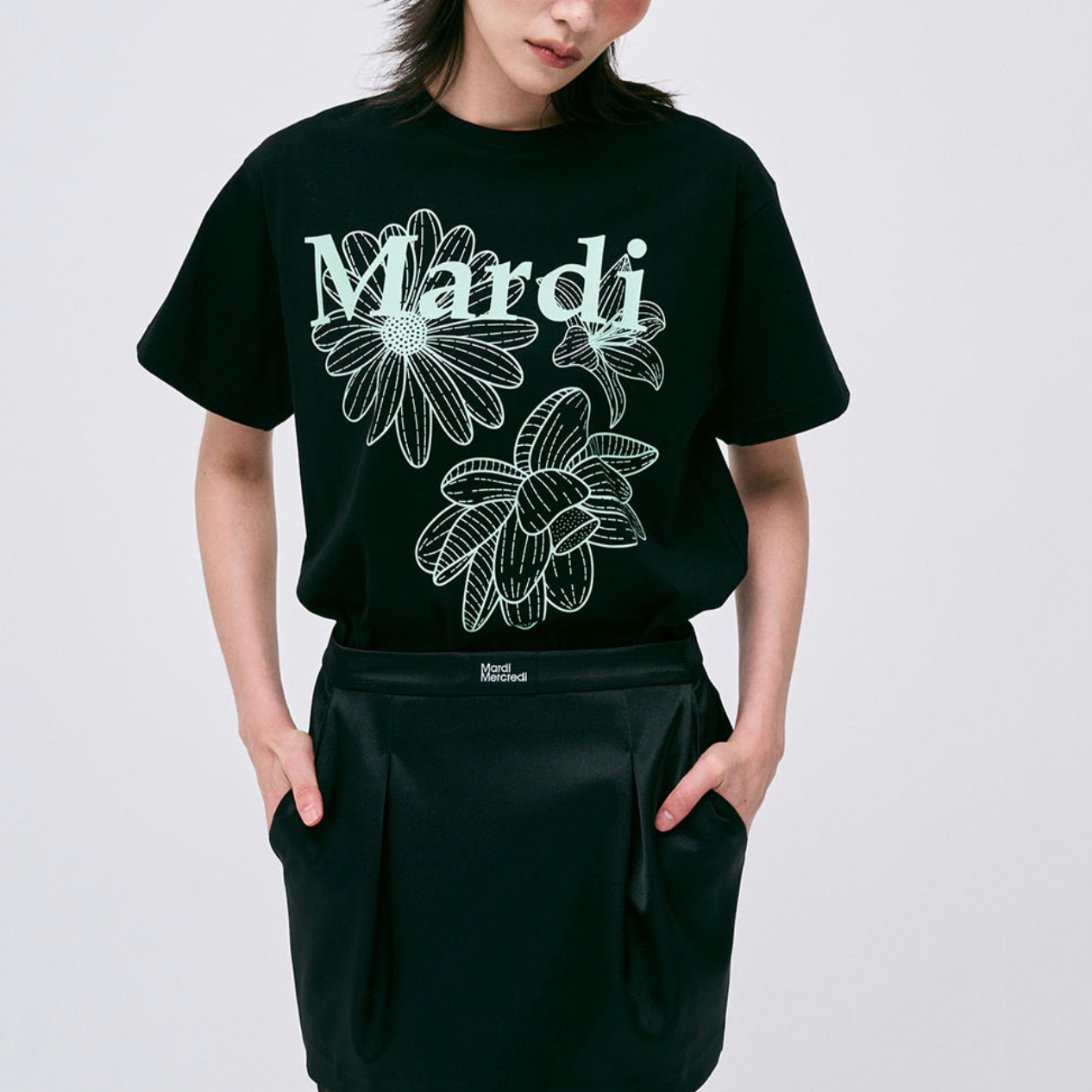 [MARDI MERCREDI] TSHIRT TRIPLE FLOWER BLACK MINT