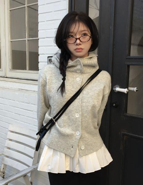 [MODIMOOD] Moruka Hood Button High Neck Knit Cardigan