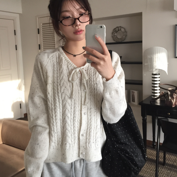 [MODIMOOD] Ribbon Pearl Knit Cardigan